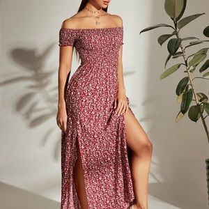 Red off the shoulder midi dress with two leg slits